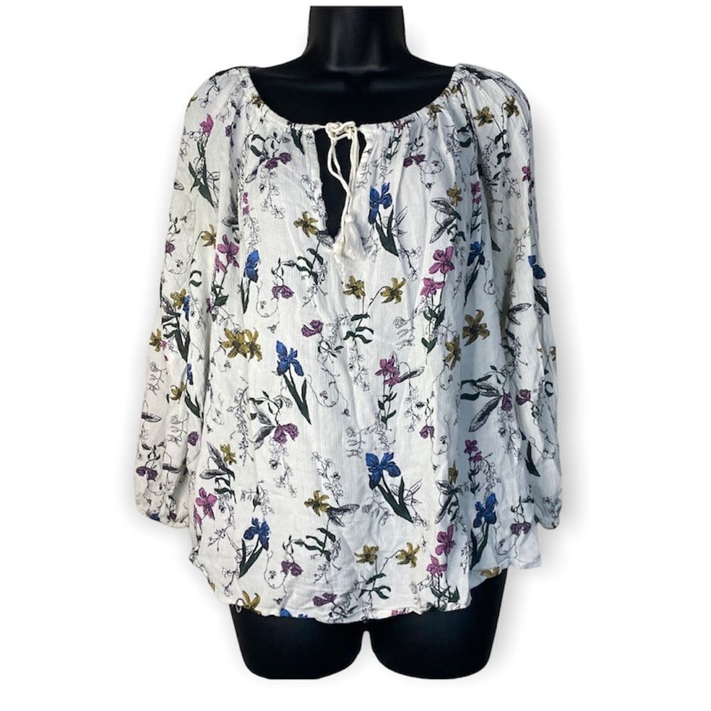 KIMCHI Blue Floral White Long Sleeve Peasant Classy Top